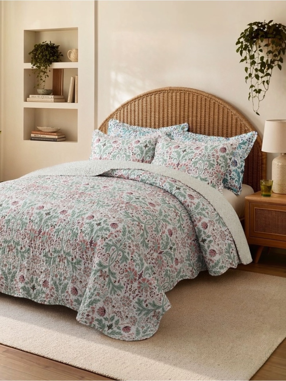 NEW Anthro Green & Pink Floral Reversible Boho Queen King Bedding Quilt Sham Set - Picture 2 of 10